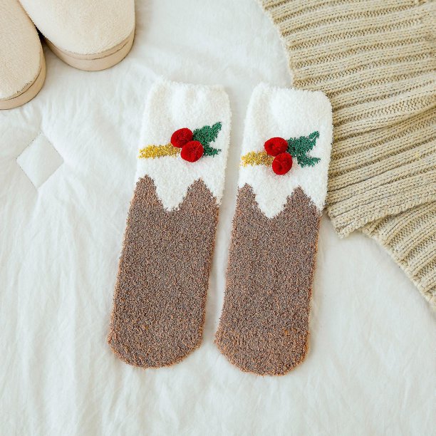 Mujer Niñas Navidad Lindo Coloer Raya Papá Noel Estampado Espesar Coral Polar Mantener Caliente Calcetines Sox