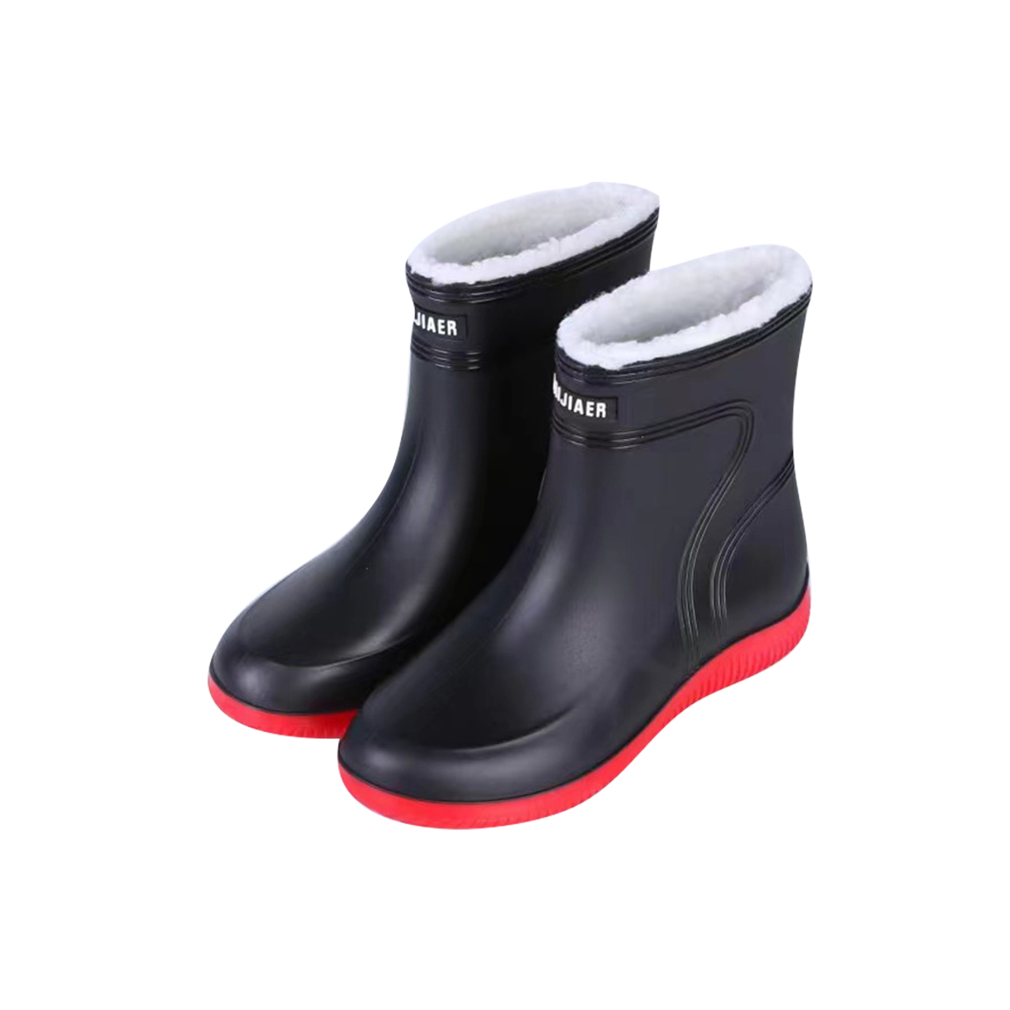 UKAP Mens Casual Round Toe Rain Boots Working Comfort Lightweight Waterproof Work Shoe Red Men Fixed Plush Lining 7.5