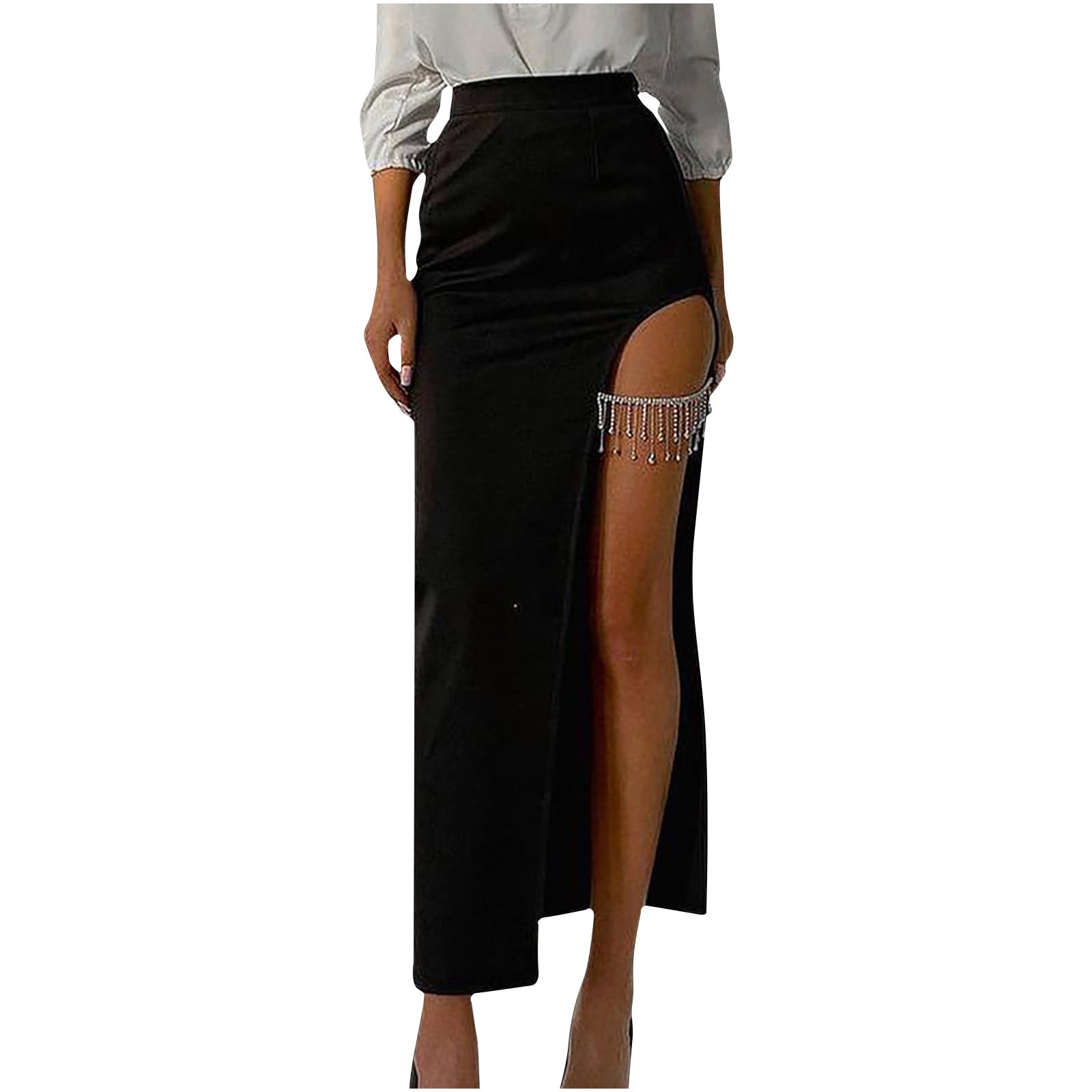 ACSUSS Women PU Leather Solid Tassel Fringe Hippie Boho High Waist Adjustable Belt Skirt 