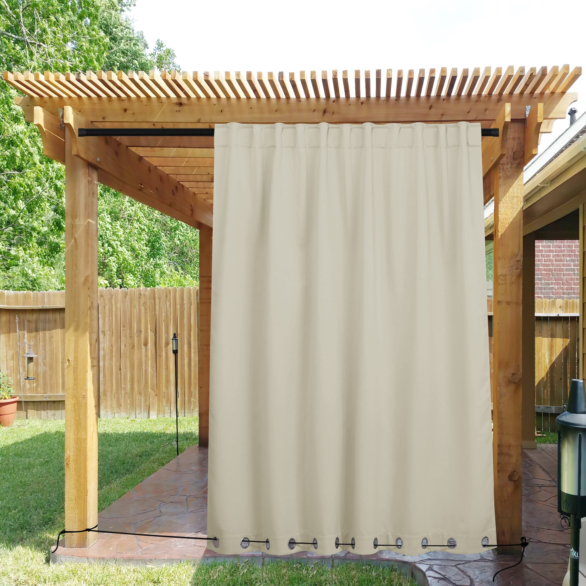 NICETOWN Extra Wide Outdoor Curtains 2 Panels Waterproof & Windproof Blackout Top Grommet & Bottom Backtab Drapes for Pergola with Fixed Rope, W84 x L95, Beige