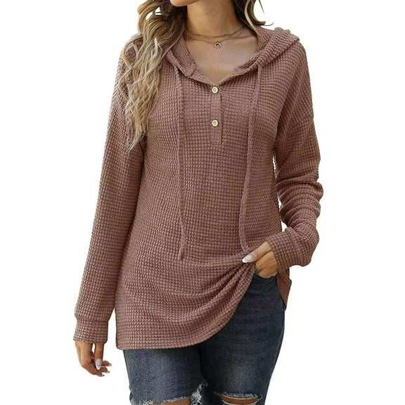 BadPiggies Women Hoodies Waffle Knit Sweater V Neck Drawstring Button Oversized Pullover Tops Casual Long Sleeve Shirts (S, Coffee)