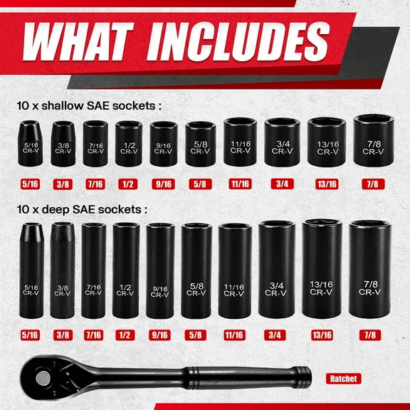 21pcs 3/8" Socket Set,Drive Impact Socket Set, SAE, Deep & Shallow, Cr-V Steel, 6 Point with Adapters, 72T Ratchet Handle, 5/16-7/8inch
