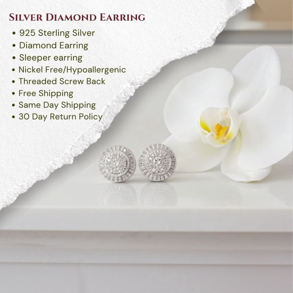 King of Bling's 925 Sterling Silver 0.05ct Diamond White Stud For Women's Style Round Earrings