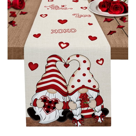 Valentine's Gnomes, Table Runner 72 Inches, Vintage Love Heart Rose Plaid Beige Bed Runner Dresser Scarves Tabletop for Indoor Outdoor Parties/Ceremony/Banquet, 16" x 72"