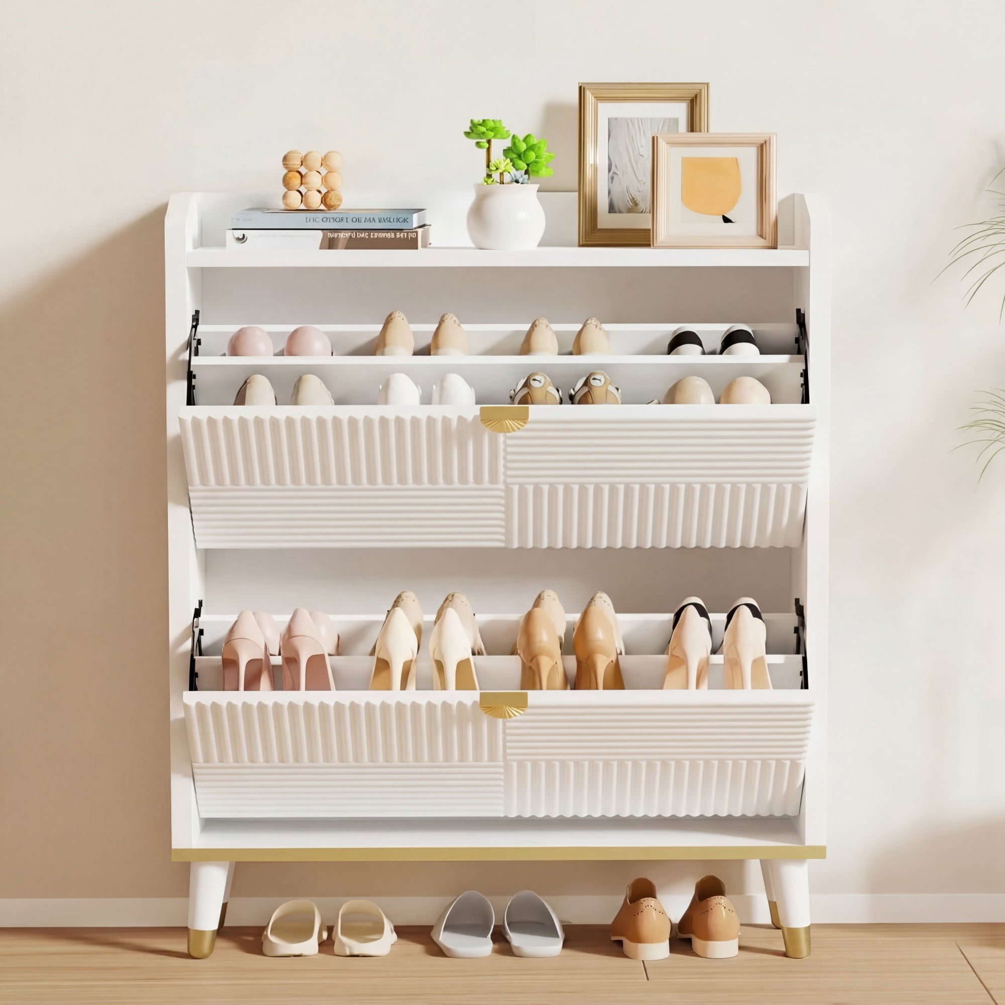 Dayago Shoe Cabinet Organizer with 2 Flip Drawers, Freestanding Narrow Rack with Metal Legs, Wood Hidden Shoe Storage，Freestanding Narrow Slim Shoe Organizer for Entryway, Foyer, Hallway, White