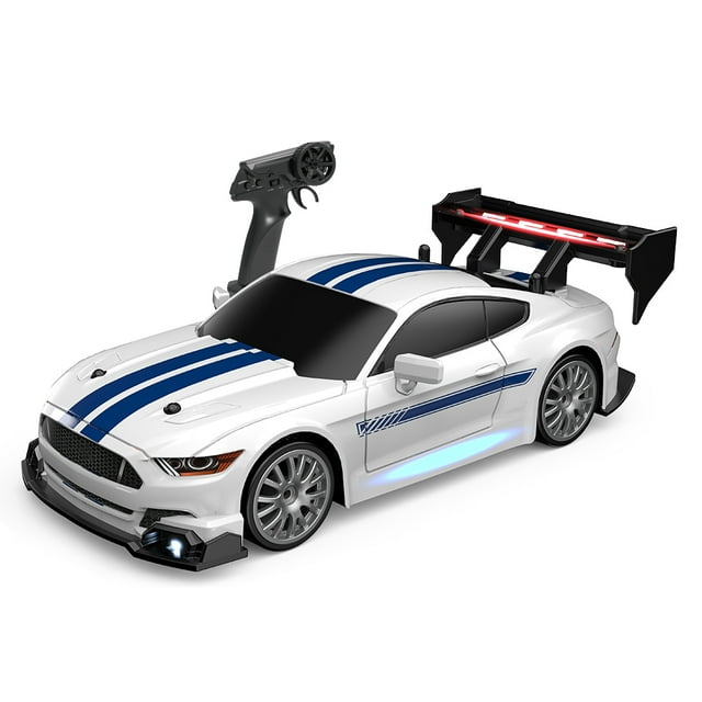 Graflsoa 1:24 Scale 2.4GHz Remote Control Mustang Drift Car with LED Lights, Replaceable Wheels, 30KM/H Speed, Single Battery Version (White)