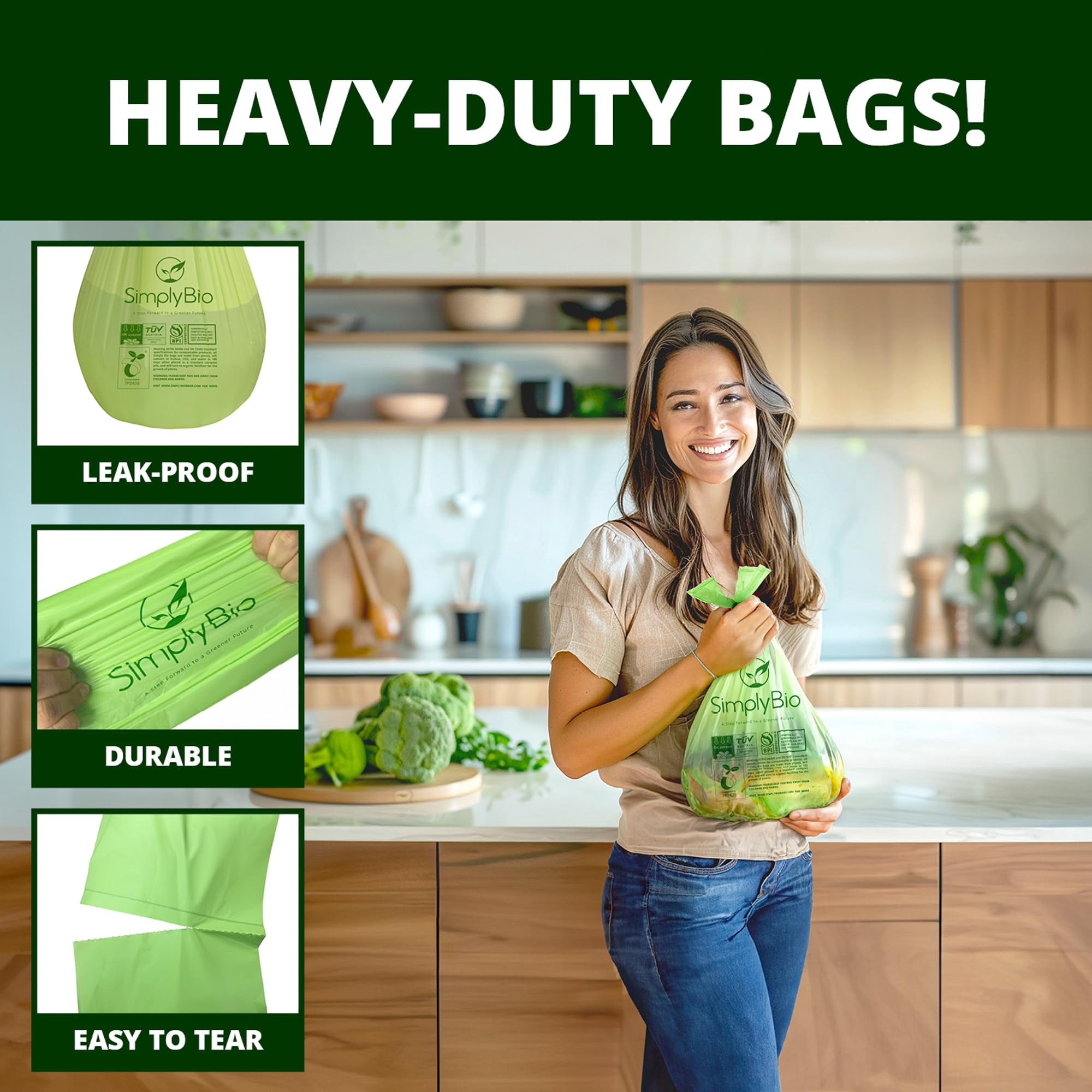 Simply Bio 1.6 Gallon Compostable Trash Bags Drawstring, Heavy Duty Extra Thick 0.6 Mil, 6.06 Liter, 50 Bags, Small Kitchen Food Scrap Waste Bag, ASTM D6400, US BPI and OK Compost Home Certified