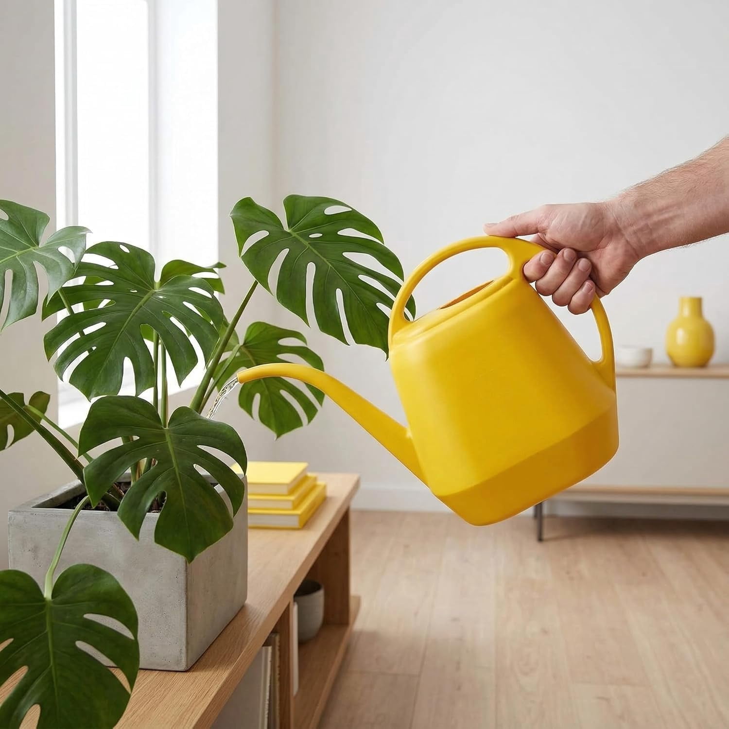 1 Gallon Large Plastic Watering Can Yellow, Durable Lightweight Plant Waterer for Indoor Houseplants Outdoor Garden Patio Use