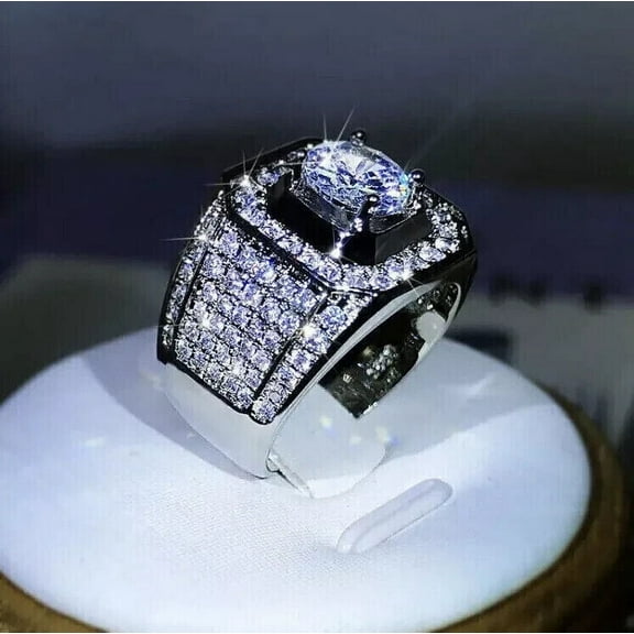 2CT Lab Created Diamond Solitaire Men's Wedding Engagement Band Ring 14K White Gold Plated Sterling Silver