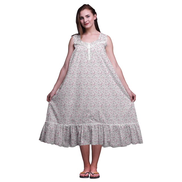 Bimba Chemises de Nuit en Coton Imprimé à Pois Papillon pour Femmes, Robe de Nuit Sans Manches, Robe Maxi TG