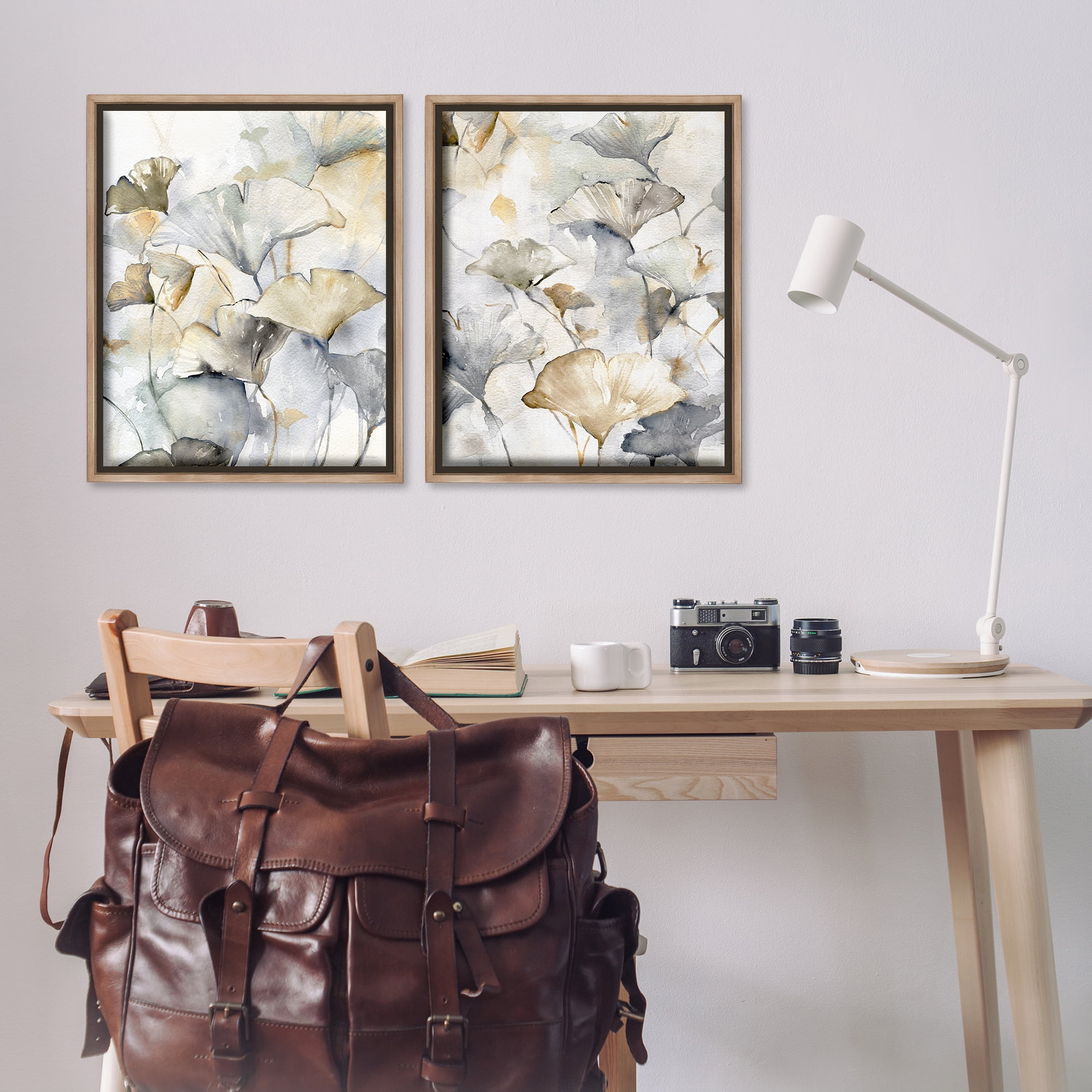Stupell Industries Gingko Leaves in Layers Plants & Flowers Painting Brown Floater Framed Canvas Art Print Wall Art, 31 x 25, Set of 2