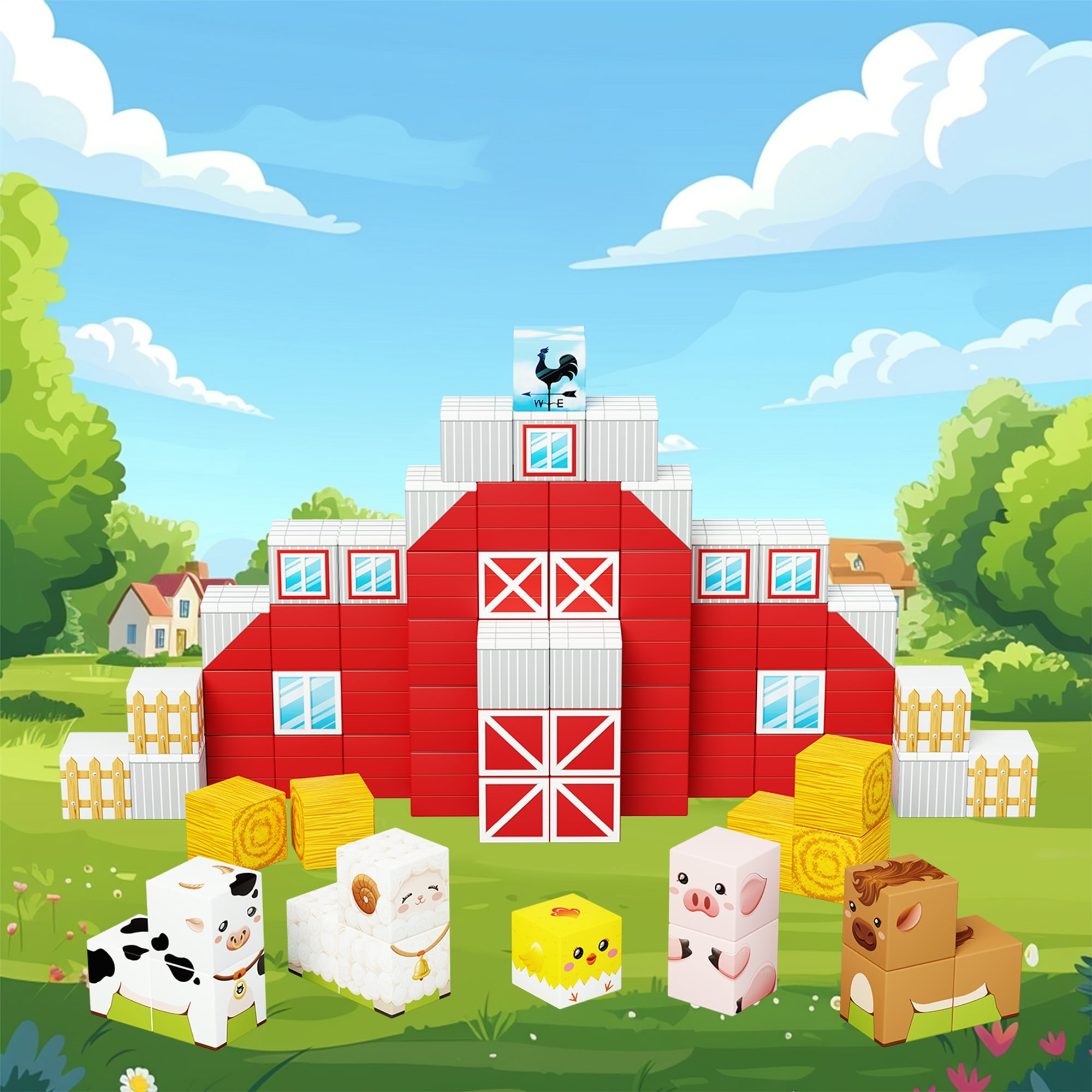 PicassoTiles 72PCS Farm House Magnetic Cube Set, Mix & Match Building Blocks with 5 Character Action Figures, STEM Educational Sensory Toy for Kids 3+