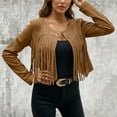 thumbnail image 2 of Fall Jacket Women Solid Suede Fringe Button Open Front Cardigan Slim Fit Cropped Trendy Outwear Coat Brown, 2 of 5