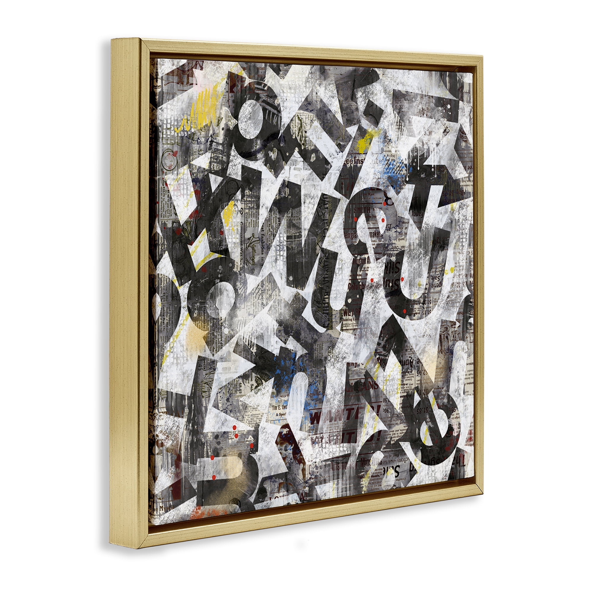 Stupell Industries Mixed Letters Abstraction Abstract Painting Gold Floater Framed Canvas Art Print Wall Art, 18 x 18