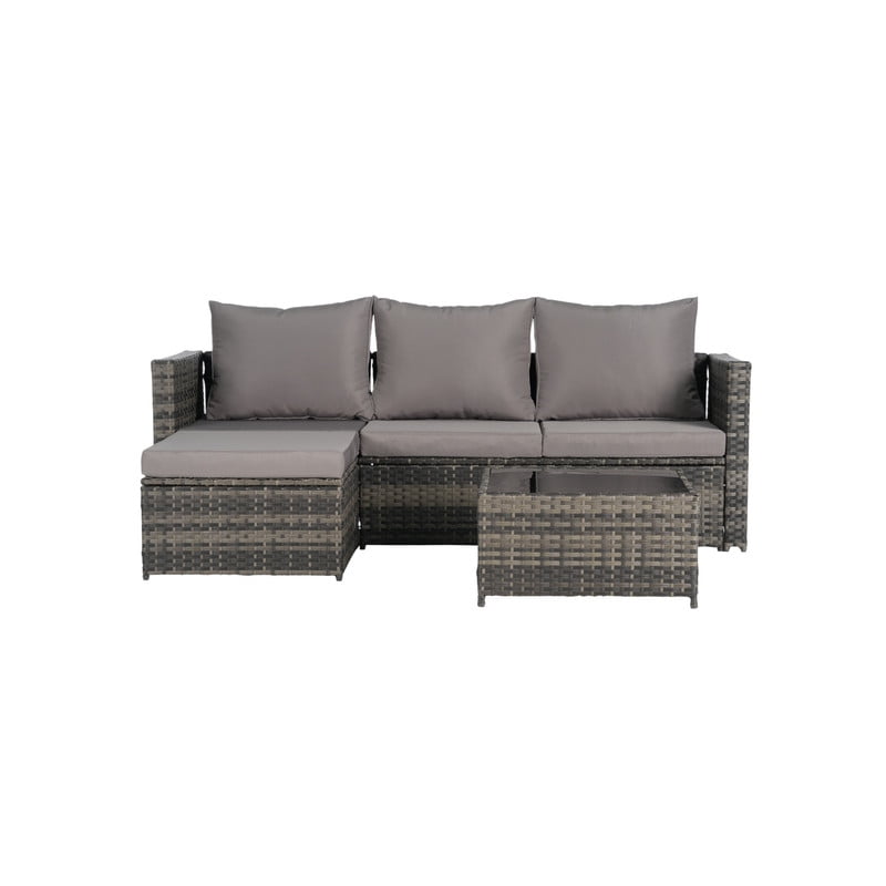 3-Piece Patio Furniture Set with Coffee Table, Outdoor L-Shaped Sectional Sofa Set with Ottoman, Wicker Outdoor Conversation Set for Backyard Poolside