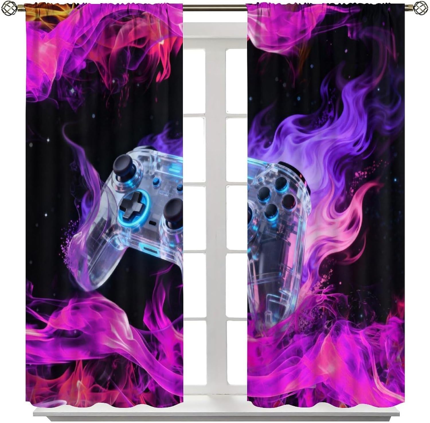 Gamer Curtains for Boys Teens,Purple Flame Creative Game Controller Cool Video Game Print Blackout Rod Pocket Window Treatments Drapes for Bedroom Playroom Home Decor 84" W X 84" L