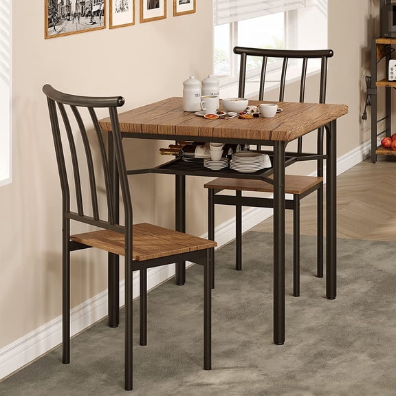 Dining Table Set for 2, Kitchen Table and Chairs with Wine Rack, 3Pcs Square Dining Room Table Set for Small Space, Apartment, Rustic Brown