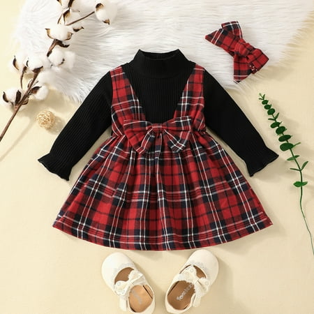 

PatPat Christmas 2pcs Baby Girl Rib Knit Mock Neck Long-sleeve Spliced Plaid Bow Front Dress with Headband Set