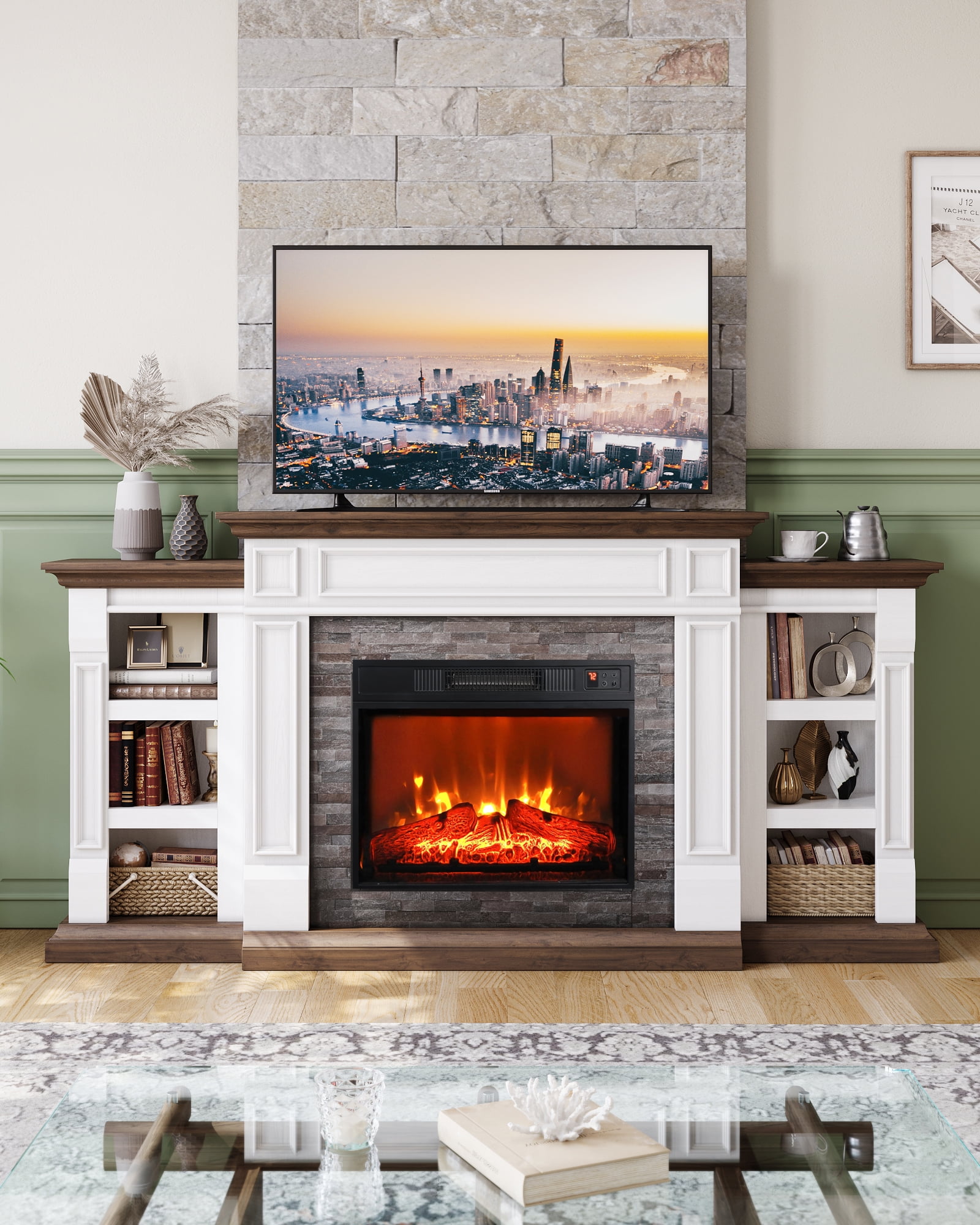 70"L Fireplace Mantel with 23" Electric Fireplace and Bookshelves, Wooden Storage Freestanding Heater with Remote Control, Brown