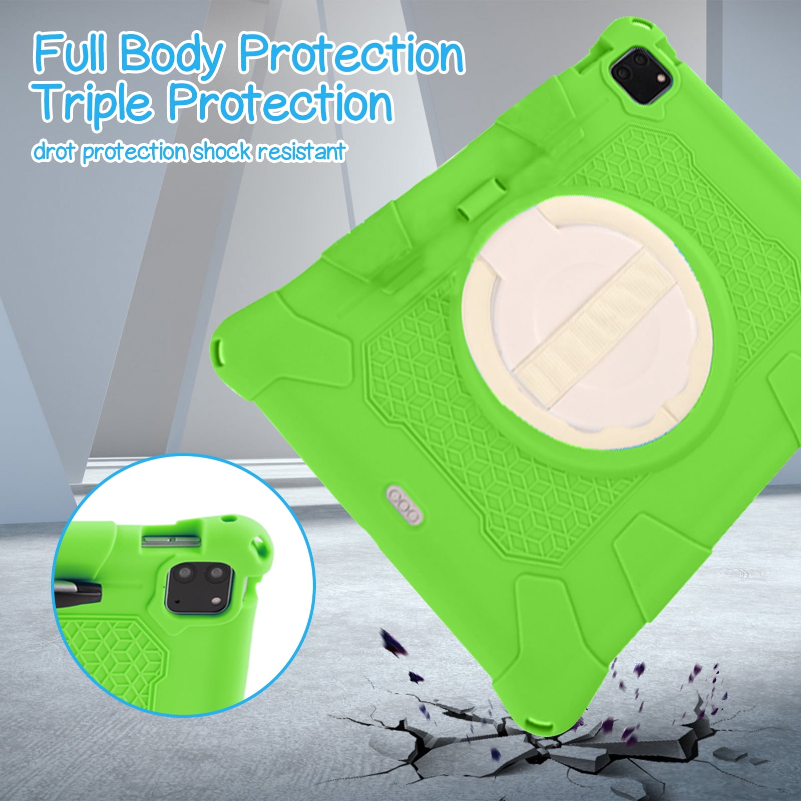 Case for Apple iPad Pro 11 5th 4th 3rd 2nd 1st Gen/ iPad Air 11 2024 M2/Air 4 5, Soft Silicone Drop Protection Rotating Kickstand with Shoulder Strap Pencil Holder Kids Friendly Lightweight, Green