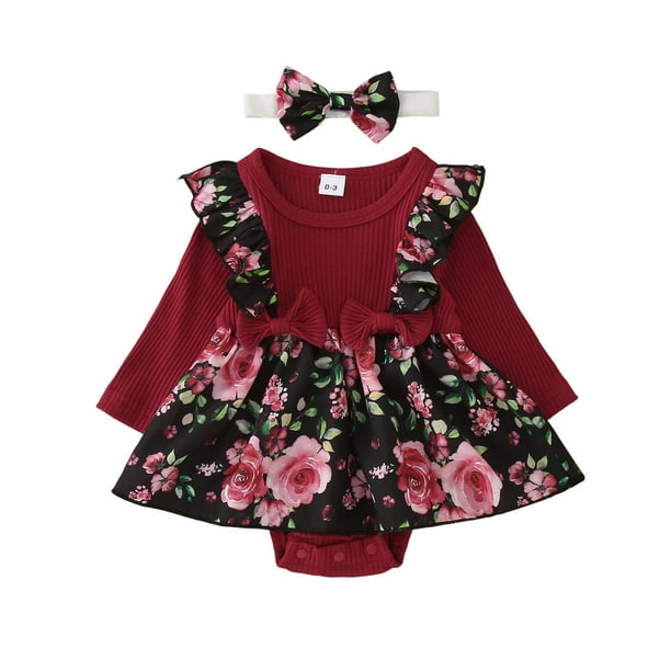 Gibobby Ropa Para Bebe con estampado de flores de manga larga de invierno para niñas pequeñas, mono recién nacido con diademas para niños, ropa(Rojo, 90.00)