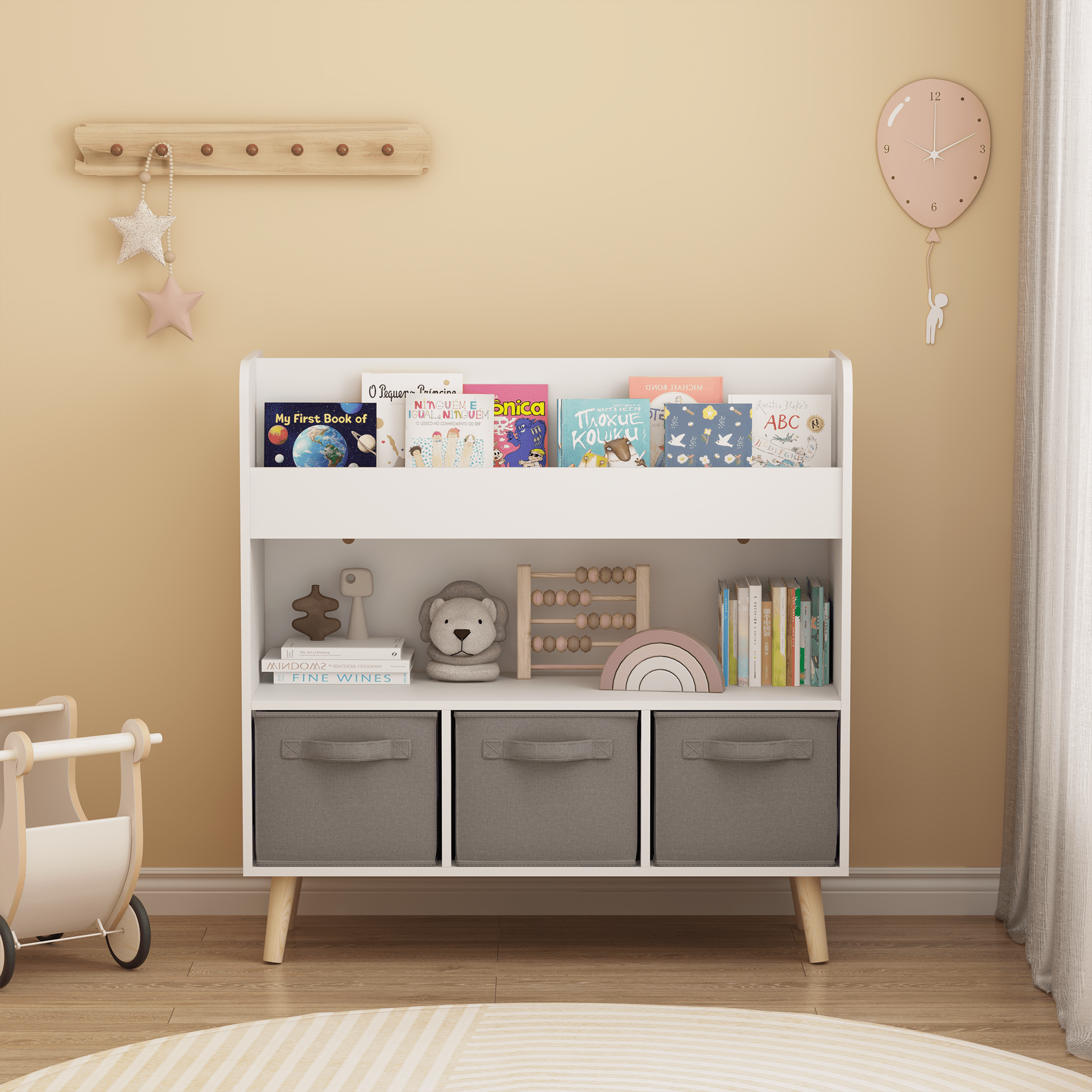 Kids Bookshelf with 3 Removable Fabric Bins, 4 Open Display Shelves, Wooden Toy & Book Organizer for Playroom Bedroom Nursery