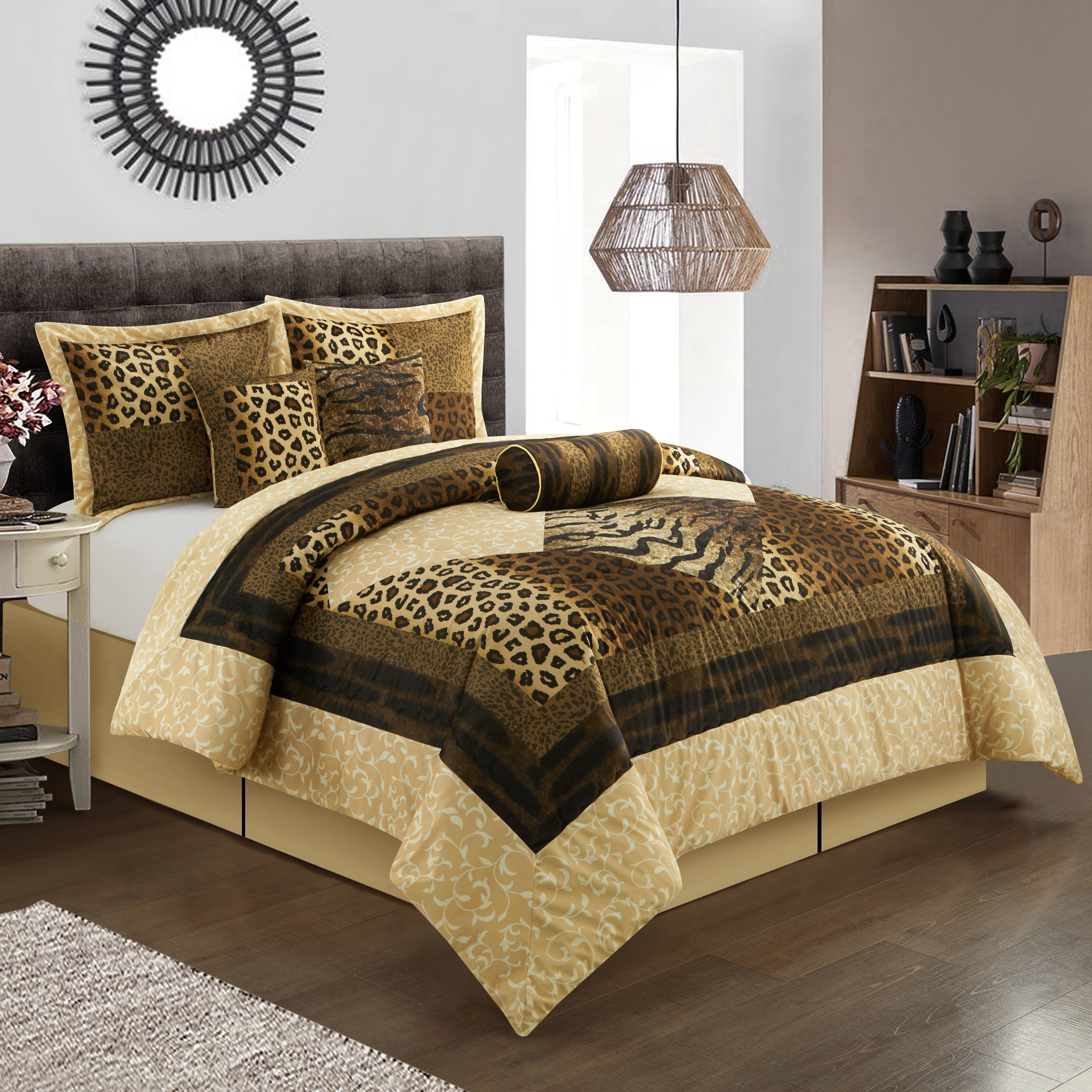 Lanco Aris Leopard Print 7-Piece Comforter Set, Brown And Black, Bed Size King, 100% Polyester, Abstract