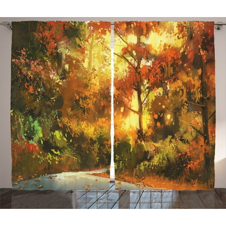 Orange Leaf Hours Of Operation Fantasy Art House Decor Curtains 2 Panels Set, Pathway in Autumn Forest with Shady Leaf of Deciduous Trees View, Window Drapes for Living Room Bedroom, 108W X 90L Inches, Orange Yellow, by Ambesonne ()