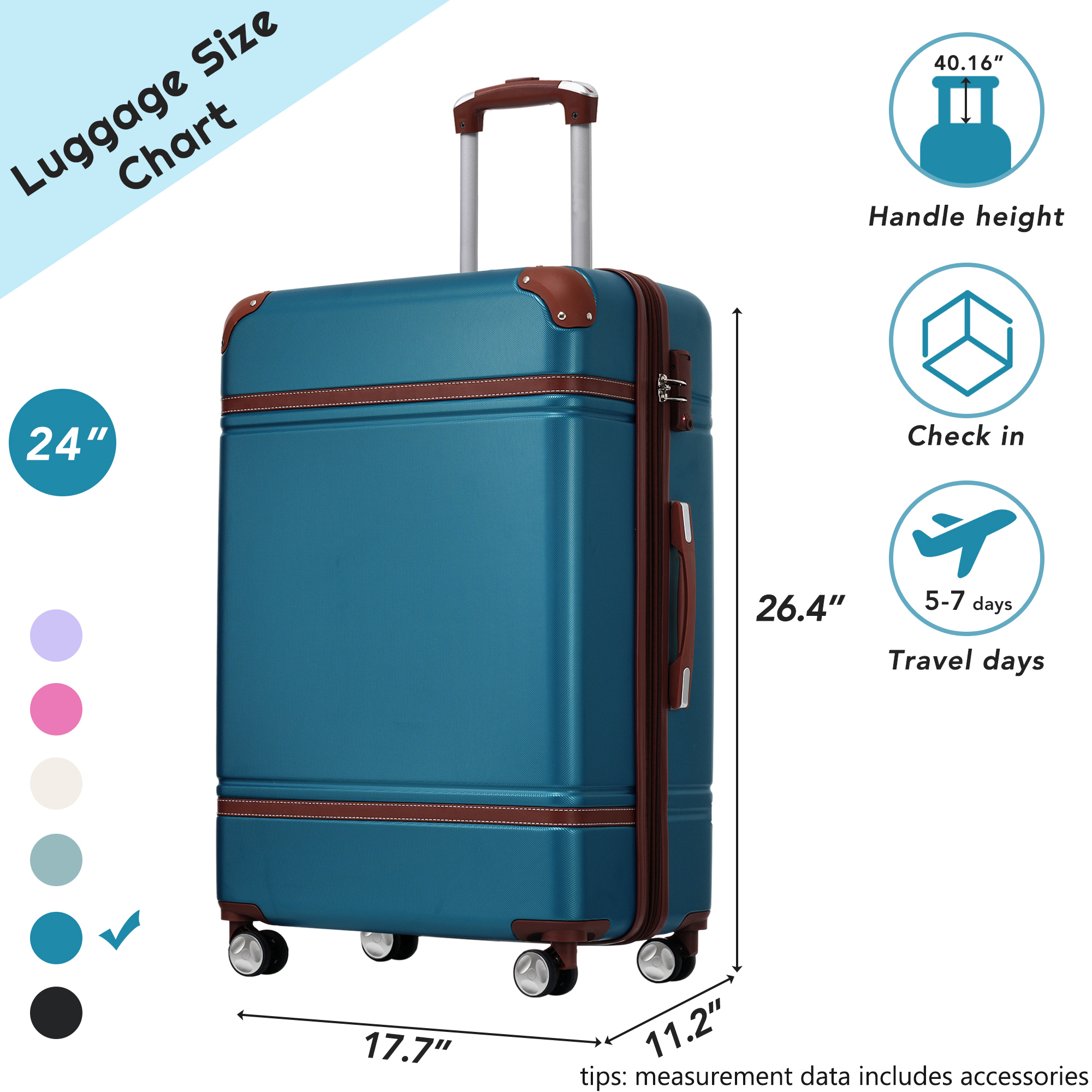 24" Carry-On Luggage, Lightweight ABS+PC Carrying Suitcase with TSA Lock, Expandable Hardcase Luggage with Swivel Wheels