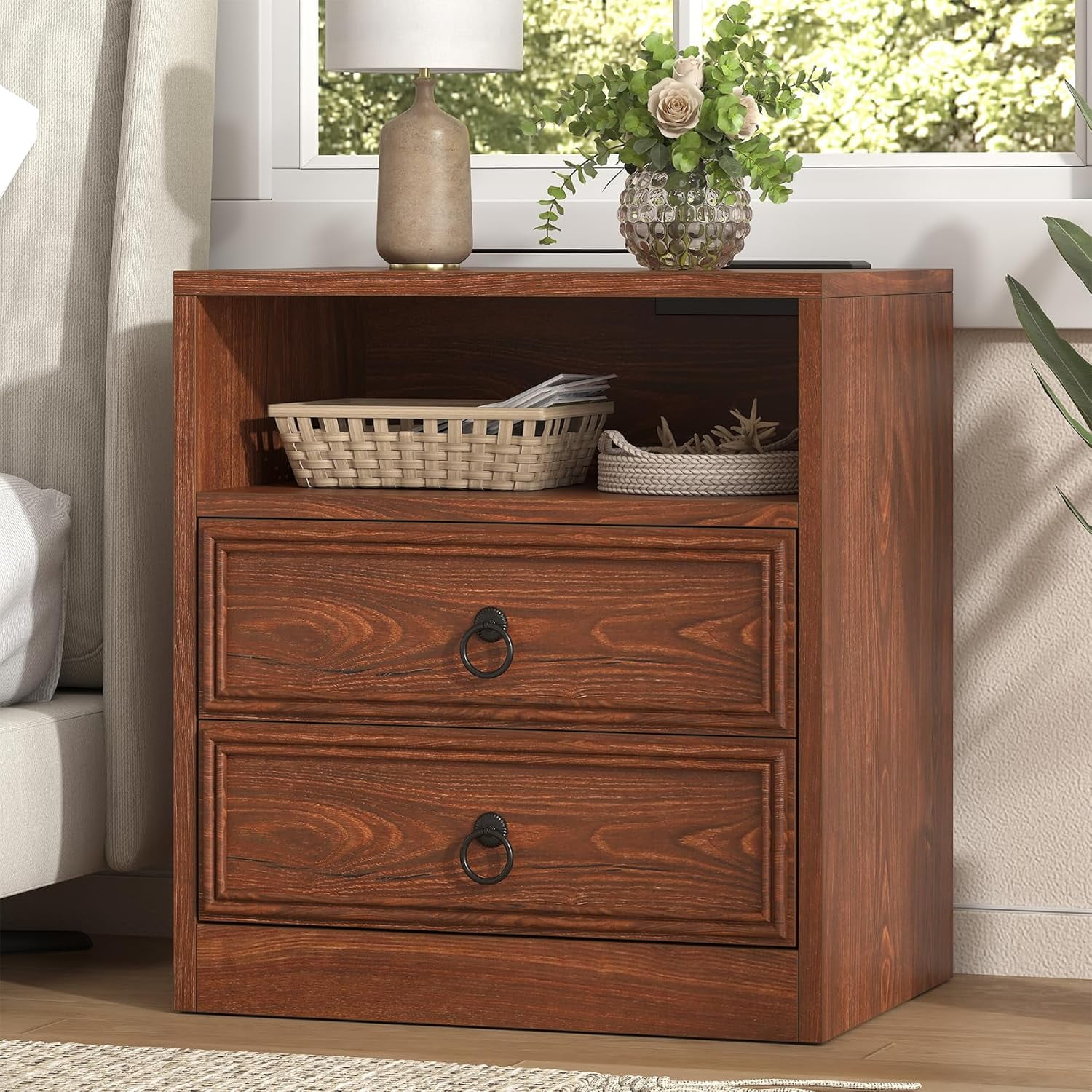 Winkalon 2 Drawers Farmhouse Nightstand Set of 2 with Charging Station, Rustic Bedside Tbale with Drawers for Bedroom, Vintage End Table with Open Shelf for Bedroom Living Room, Cherry