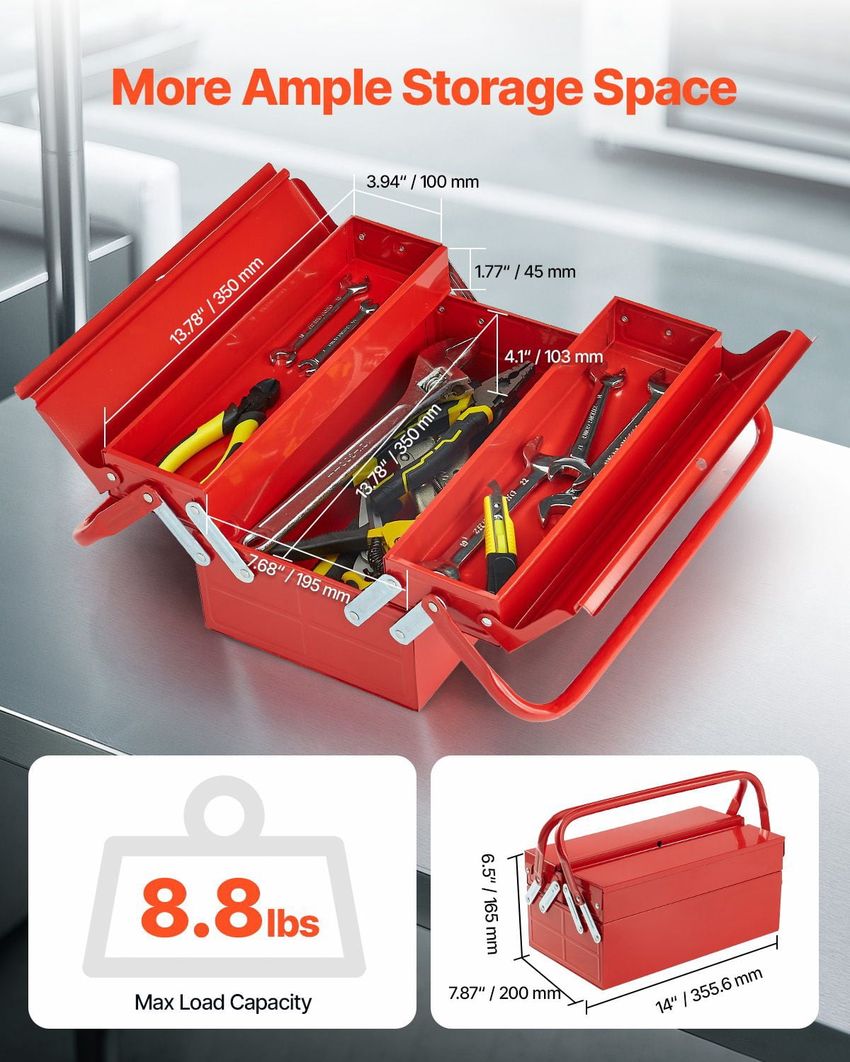 14-inch Metal Tool Box with 2-Tier 3-Tray, Cantilever Design, Powder-Coated Steel, Lock Hole, 8.8 lbs Capacity for Workshop Garage