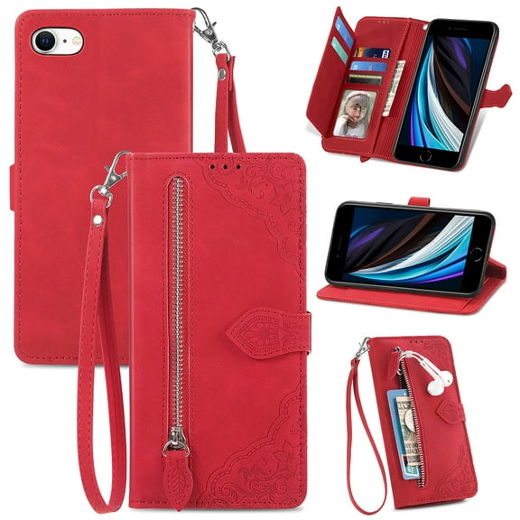 Feishell Case For iPhone 7/8/SE 2020/SE 2022, Embossed Card Slots Retro Leather Wallet Shockproof Flip Cover with Hand Strap Card Slots Zipper Pocket Kickstand Handbag Magnetic Closure, Red
