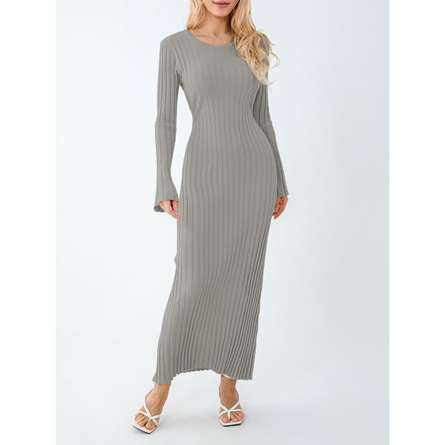 xiaxaixu Robe en Tricot pour Femmes, Manches Longues Élégantes Col Rond Côtelé Robe Longue d'Automne Mode Urbaine