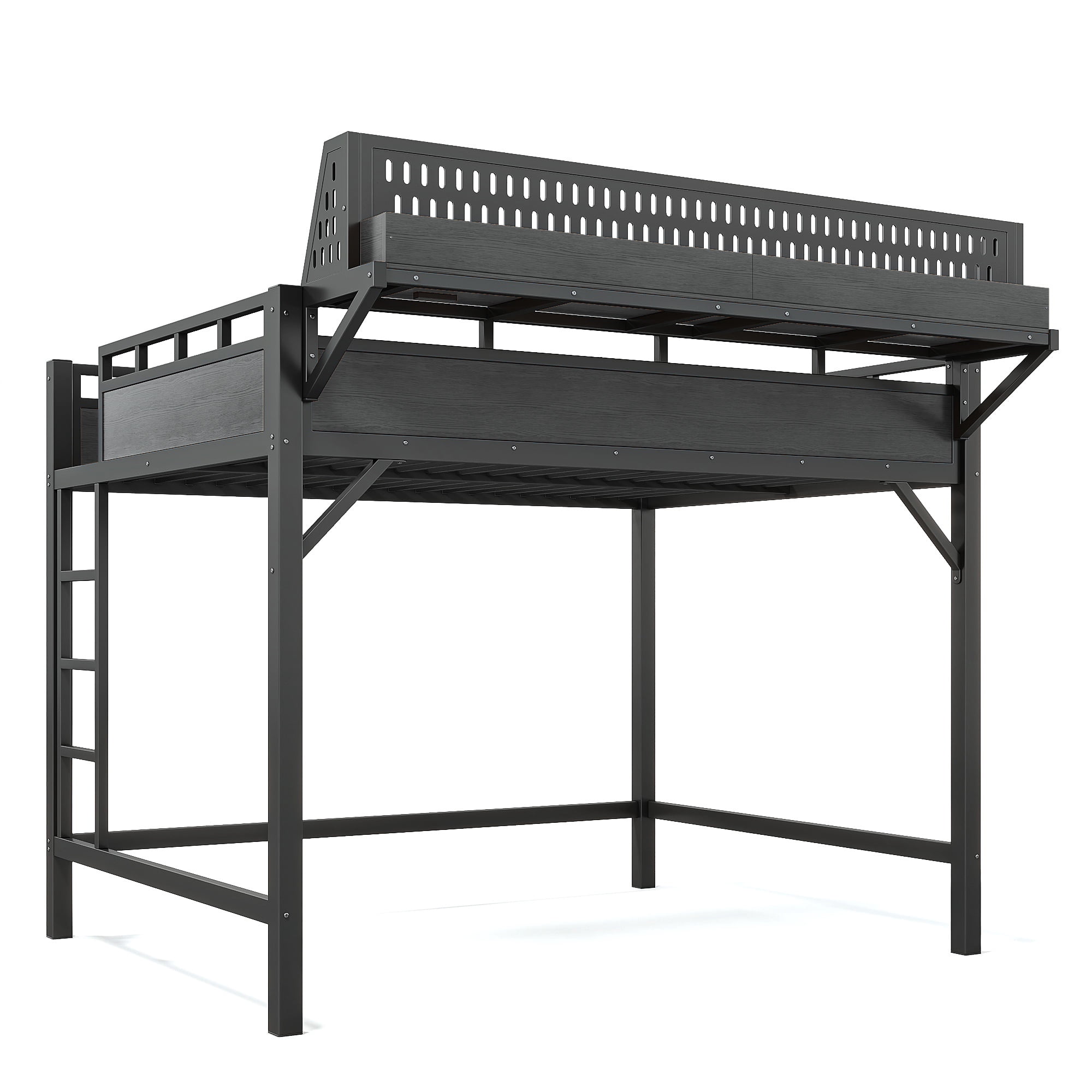 Leumius Queen Size Loft Bed with Storage Shelves and Pegboard,Metal Loft Bed Frame with USB Ports and LED Lights,Black