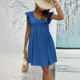 thumbnail image 3 of Fartey Summer Dresses for Women Eyelet Embroidery Ruffle Trim Short Sleeve Midi Dress Loose Casual V Neck Swing Dress Solid Color Beach Vacation Sundress Blue L, 3 of 8