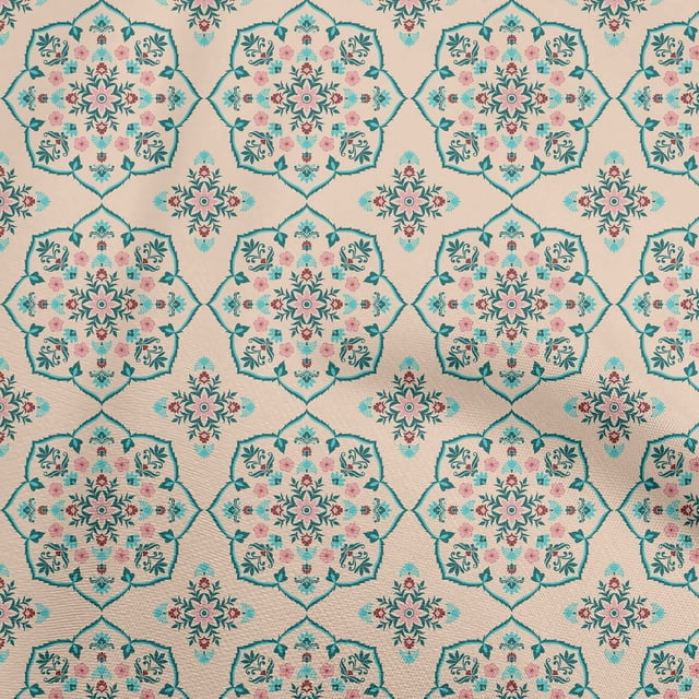 oneOone Polyester Spandex Light Brown Fabric Asian Ornament Floral Tile Craft Projects Decor Fabric Printed By The Yard 56 Inch Wide