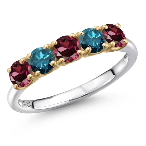 Gem Stone King 925 Silver and 10K Yellow Gold Red Rhodolite Garnet and Blue Diamond Wedding-Bands Ring for Women | 1.65 Cttw | Round 4MM | Gemstone January Birthstone | Size 6