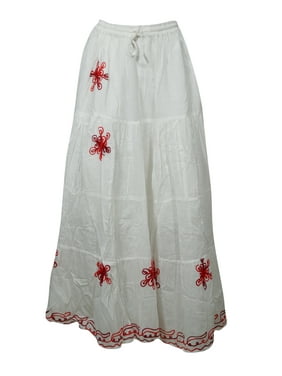 Mogul Women Cotton Skirt, White Red Floral Embroidered Casual Drawstring Skirts Hippy Summer Maxi Skirts ML