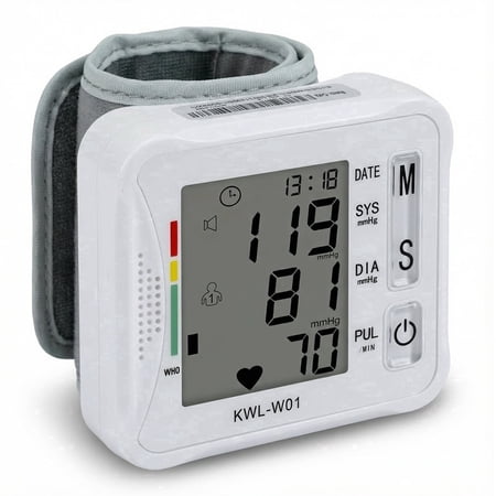 wrist blood pressure monitor for home use, wrist digital bp machine cuff with led backlit display, voice broadcast, 2 * 99 memory storage for 2 users with carrying case