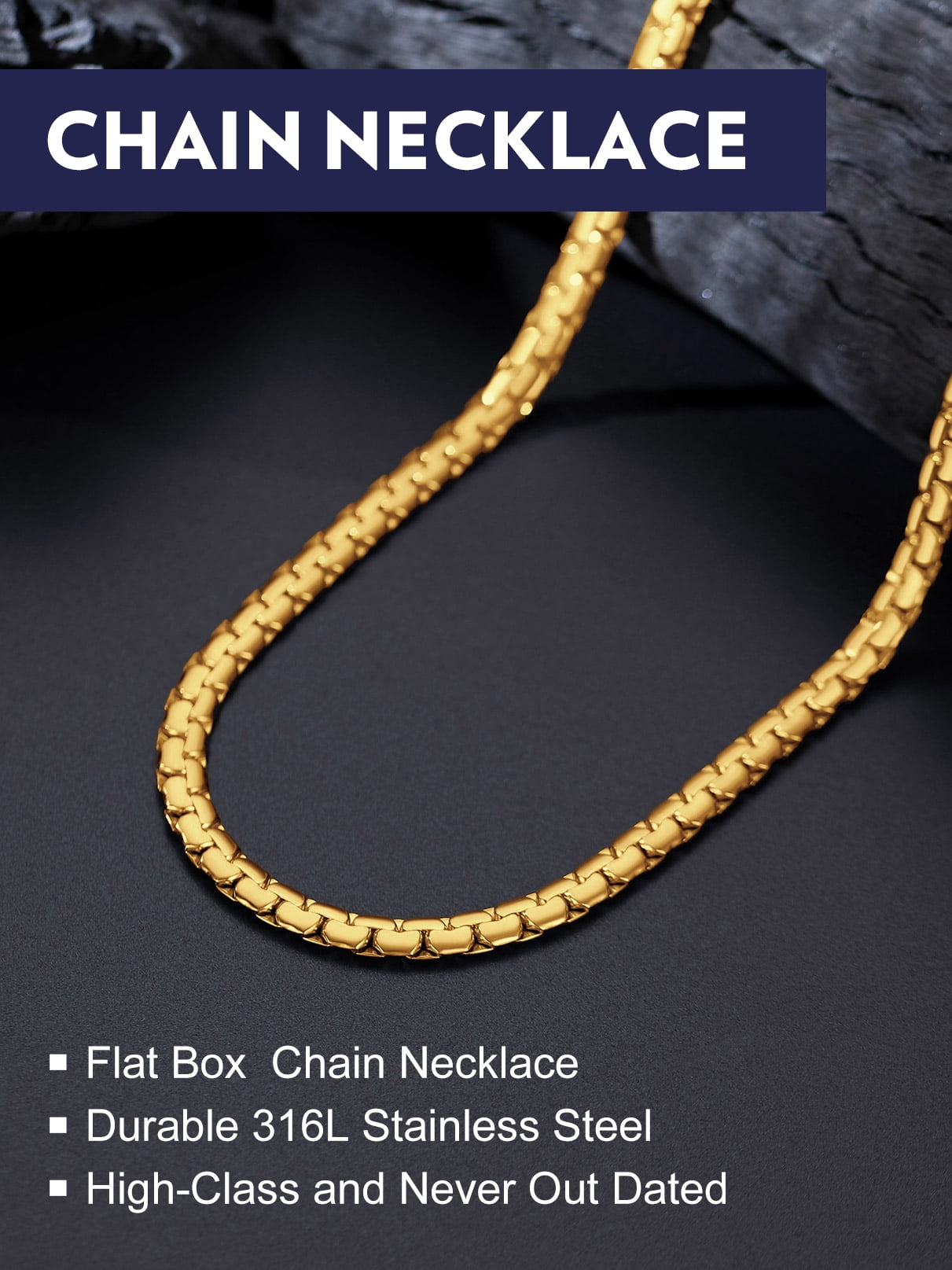 Bandmax 6MM Flat Box Link Chains Necklace for Men Women 14K Gold Plated Solid Stainless Steel Cable Chain Jewelry Birthday Father Day Gift for Mens Son Husband Dad