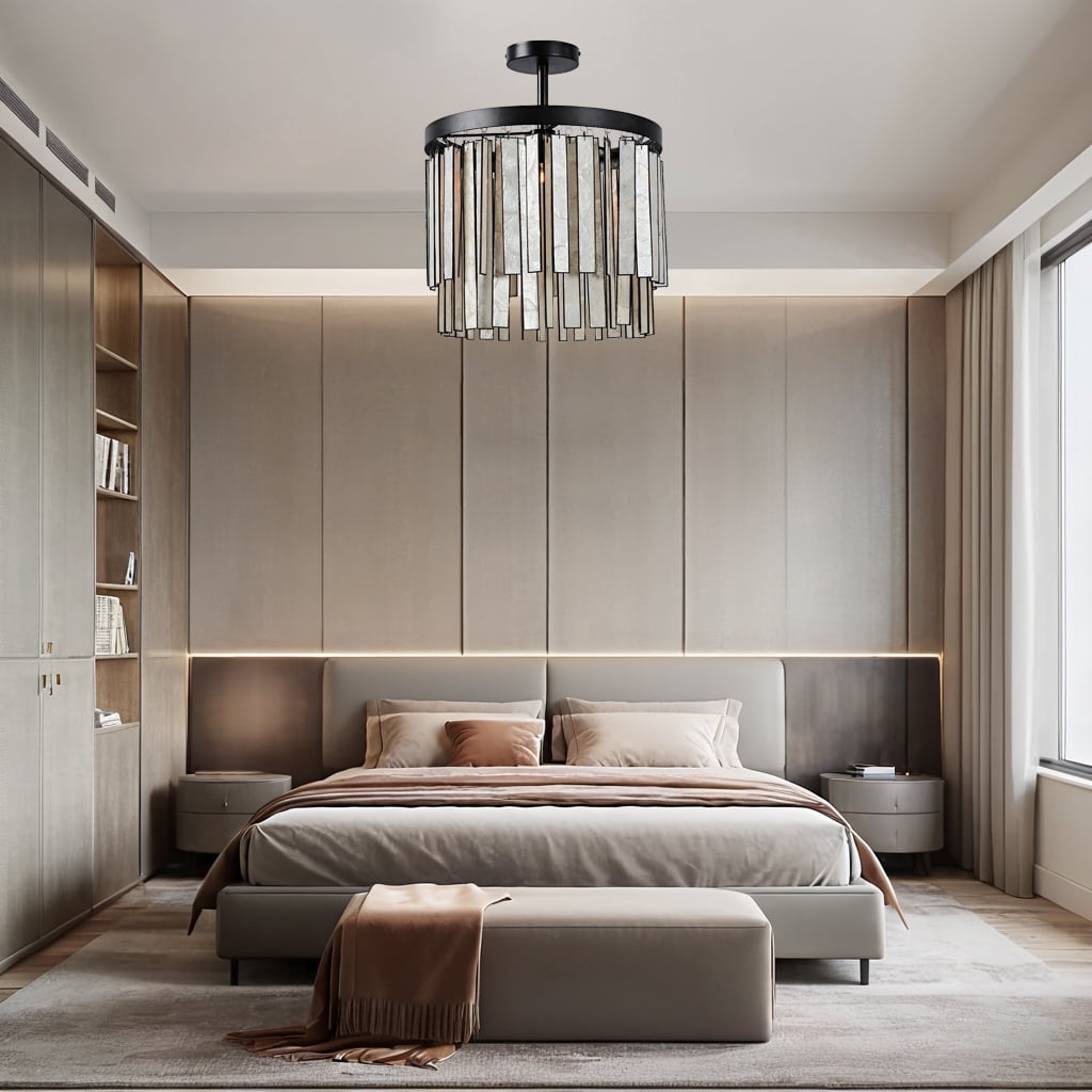 Natural Coastal Ceiling Light , Indoor Flush Mount with Round Bronze Capiz Tile, Hand-polished Light Fixture, Close to Ceiling Light for Bedroom, Entryway, Living Room