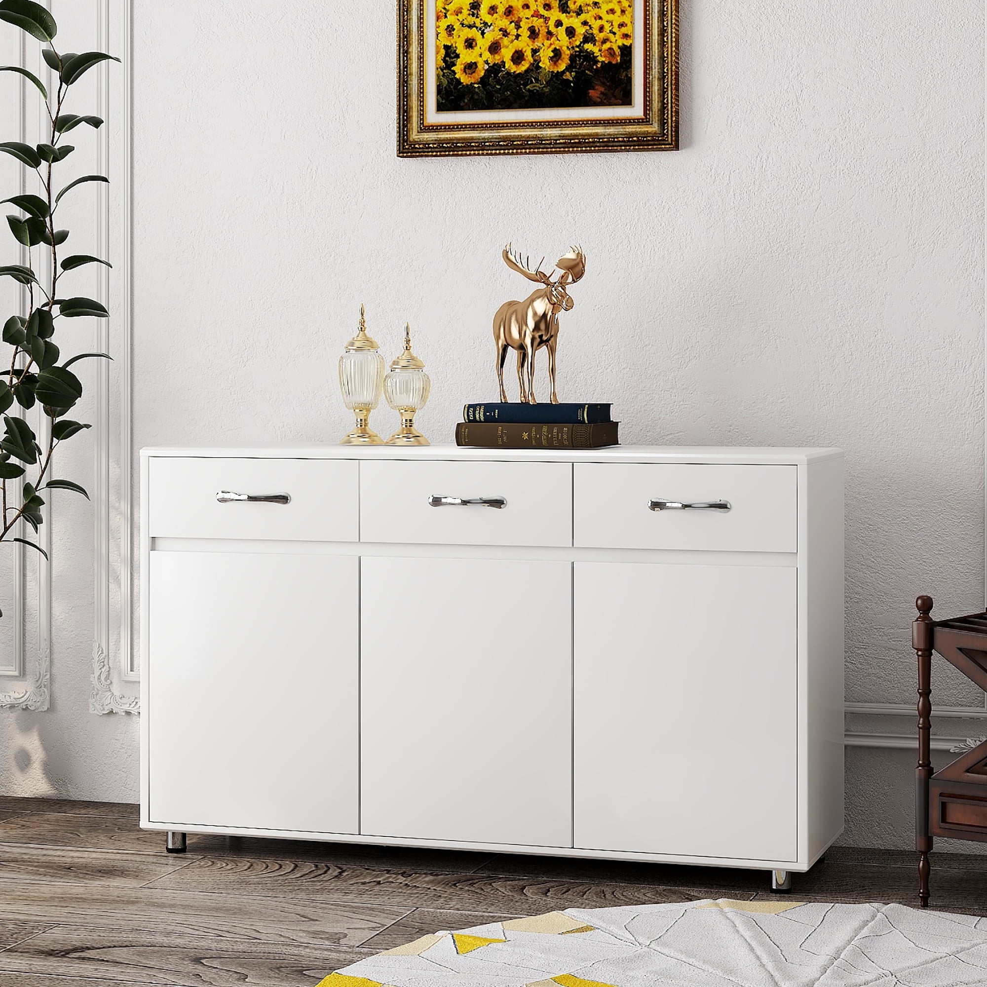 Mintazer Sideboard Buffet Cabinet with 3 Drawers & 3 Doors, Modern Storage Credenza with Adjustable Shelves for Kitchen Dining Room Living Room, White
