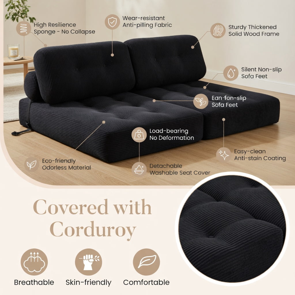 Hommoo 3-in-1 Folding Sofa Bed with Back Support & Pillow, Corduroy Convertible Sleeper for Living Room, Bedroom, Guest Room, Black