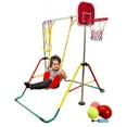 thumbnail image 2 of Kids Expandable Gymnastics Bar 5 in 1 Playground Height Adjustable Jungle Gym Set with Deluxe Swing, 2x Trapeze Rings, Basketball Net, Foldable Horizontal Bar Monkey Bar Kip Bar + Accessories Included, 2 of 9