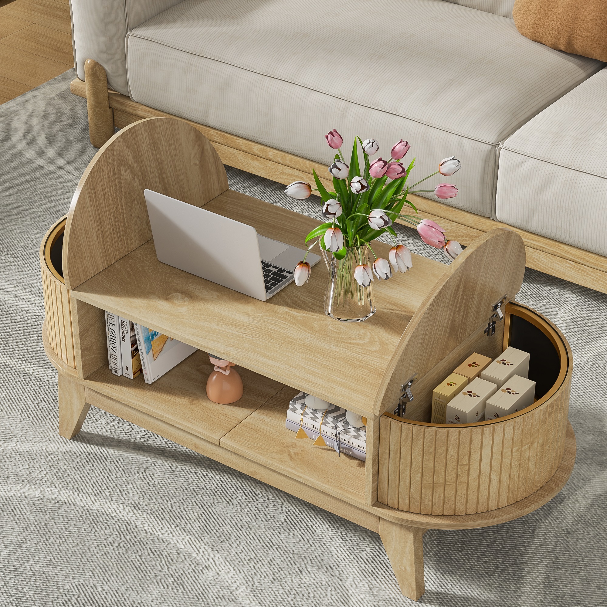 Coffee Table with 2 Hidden Compartment, Wooden Coffee Table with Open Shelf, Center Table for Living Room, Wood Color