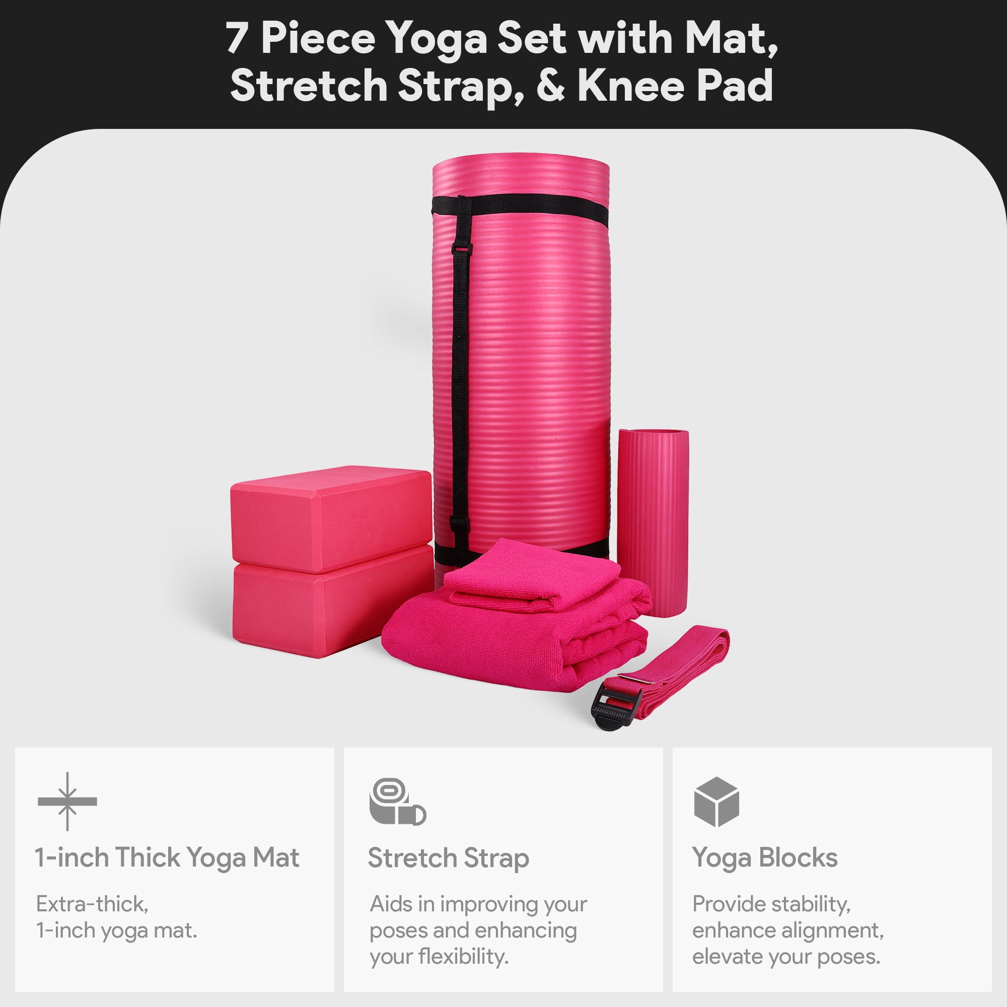 BalanceFrom Complete 7-Piece Yoga Set with 71” x 24” x 1” Extra Thick Mat, Pink