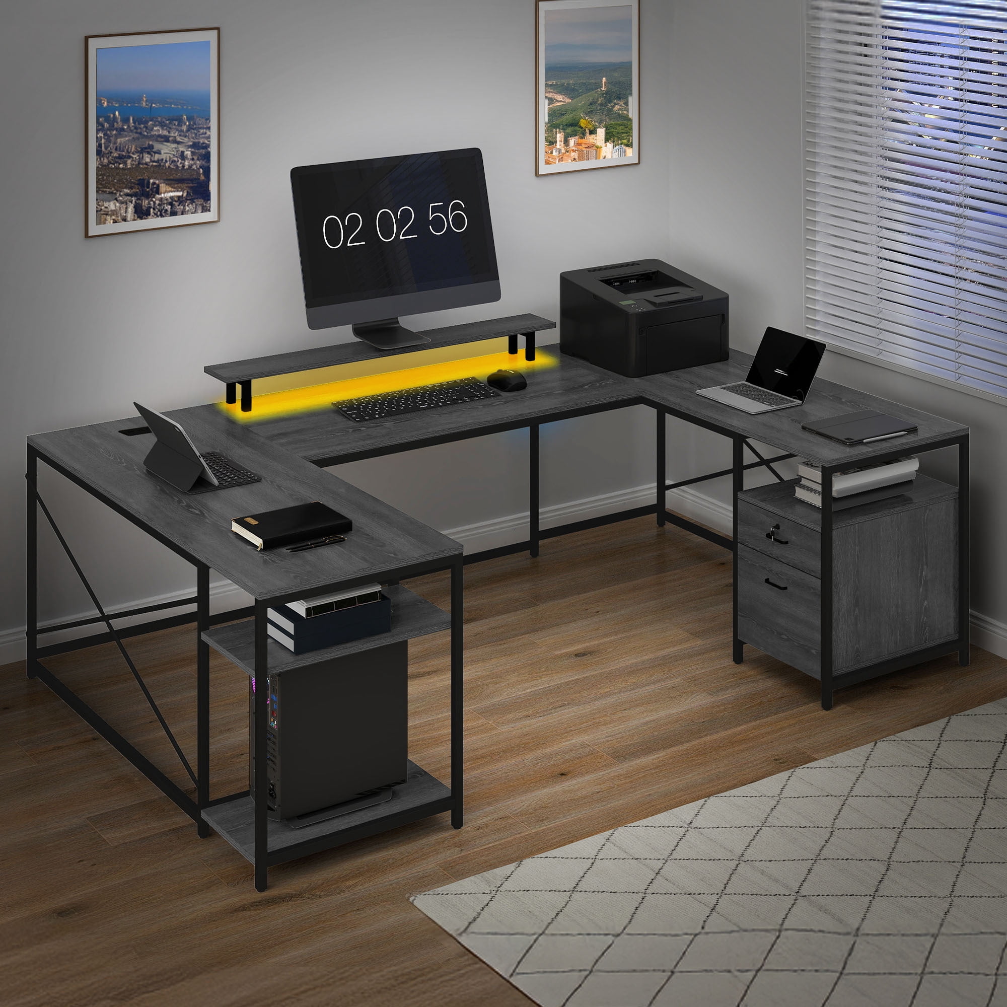Uforic U Shaped Computer Desk with Power Outlets and LED Lights, Reversible L Shape Desk for Home Office, Gray