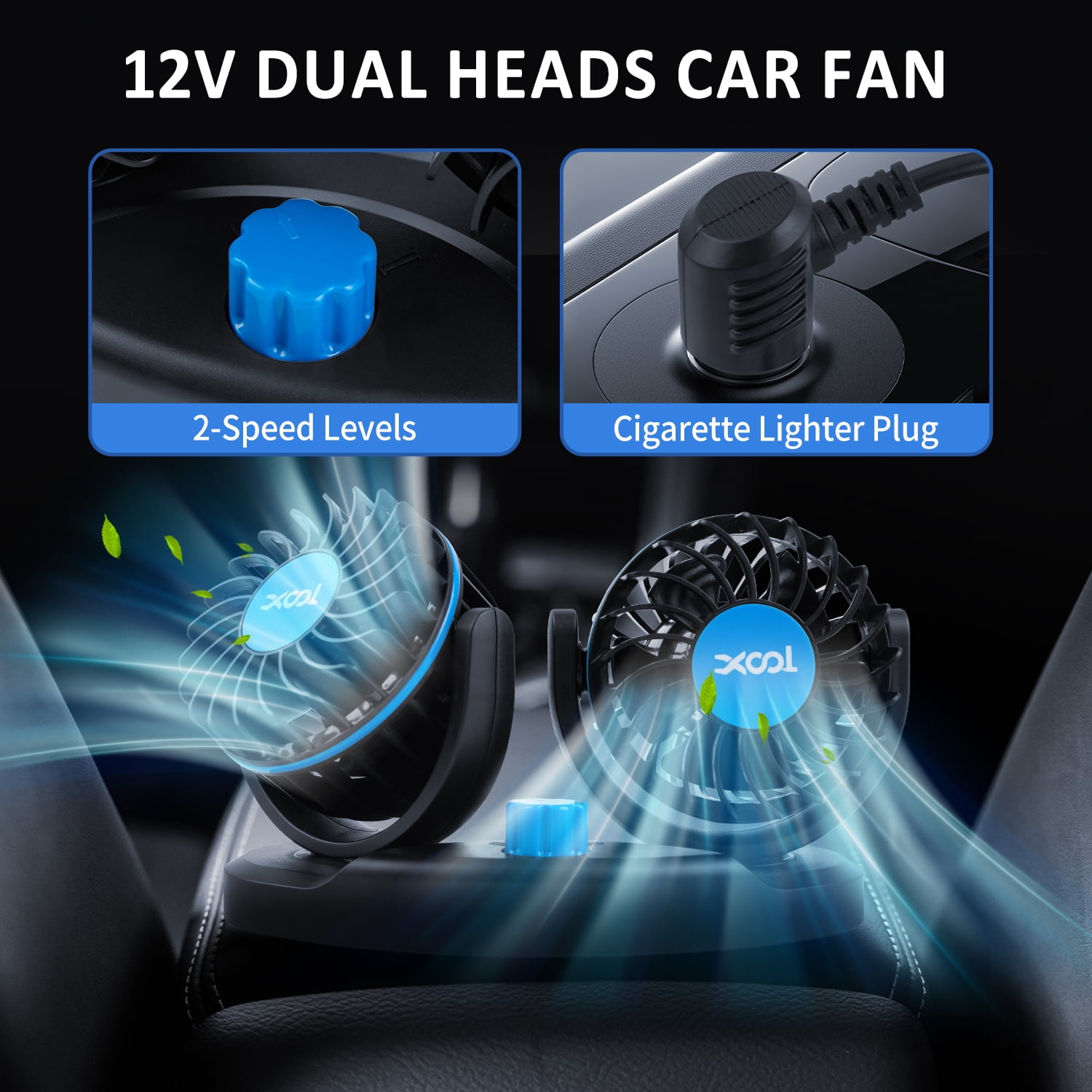 Car Fan for Dashboard, 2 Speeds 360°Rotatable Car Fan , Dual Head Car Cooling Fan with Cigarette Lighter for Vehicles SUV RV