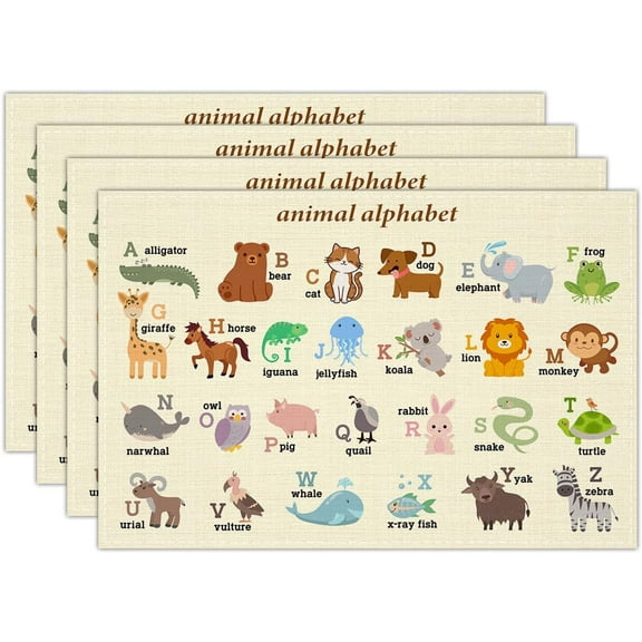 Animals ABC Linen Placemats Set of 4, Alphabet Waterproof Washable Place Mats for Toddlers and Kids 12x18 Inch, Baby Table Mat for Restaurant Outdoor Indoor Party Kitchen Dining Decoration
