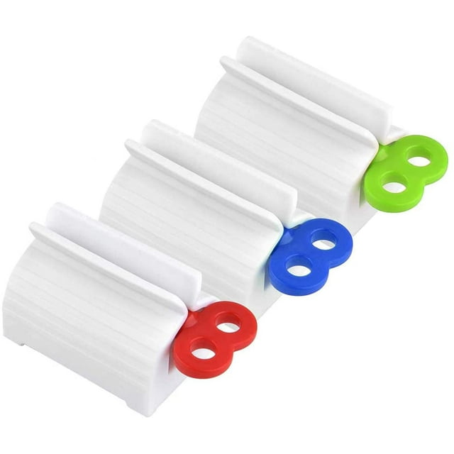 TORUBIA 3pcs Rolling Tube Toothpaste Squeezer Toothpaste Seat Holder Stand Rotate Toothpaste Dispenser for Bathroom (Red, Blue and Green)